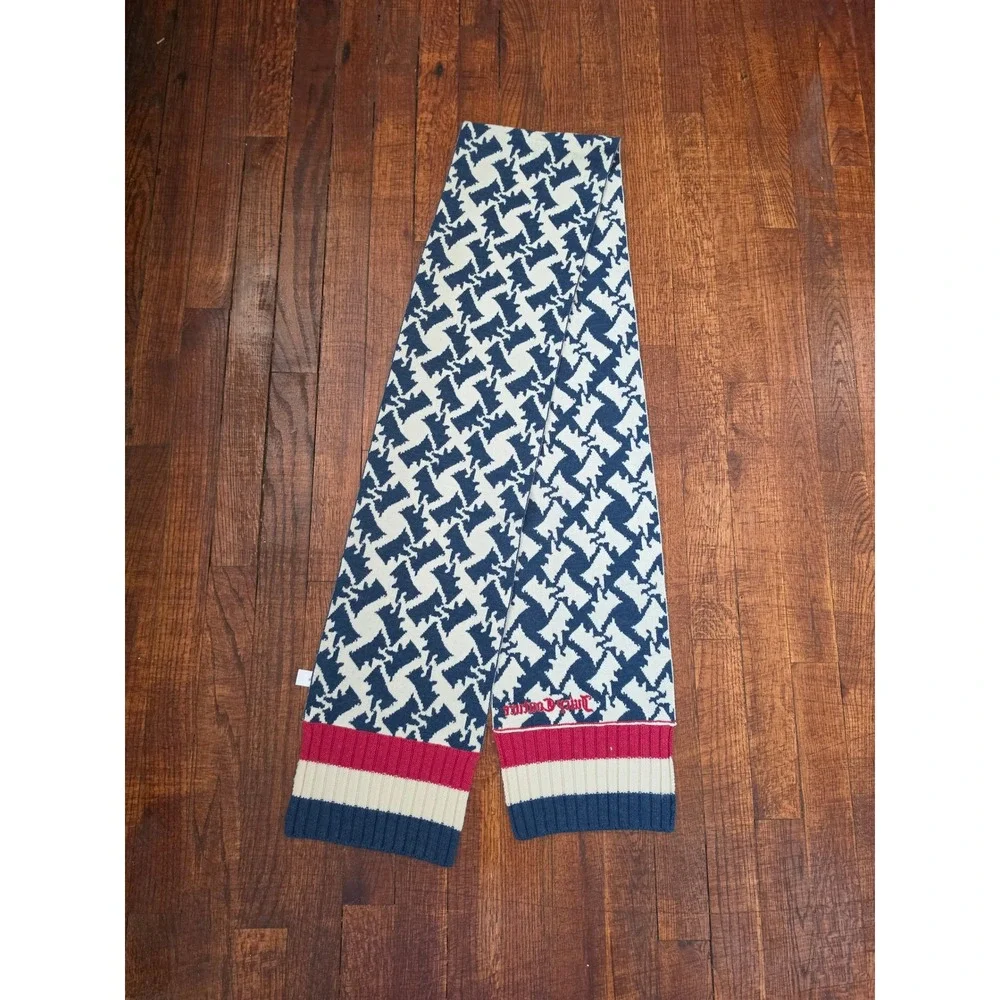 Juicy Couture Y2K Funky Cozy Warm 100% Wool Dog Pattern Cream Red Blue Scarf